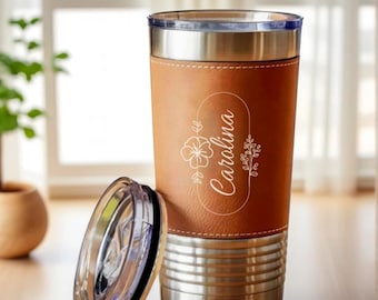 Personalized Birth Flower Leather Tumbler, Custom Name Engraved Tumbler, 20oz Travel Mug