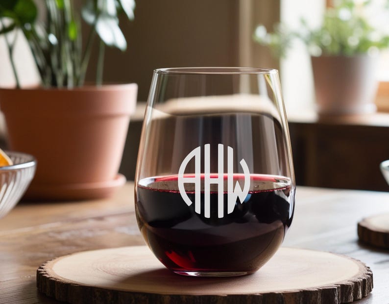 Peut inclure: Un verre &agrave; vin en verre transparent avec un monogramme des lettres "AHW" grav&eacute; sur le c&ocirc;t&eacute;. Le verre est rempli de vin rouge et repose sur un dessous de verre en bois.