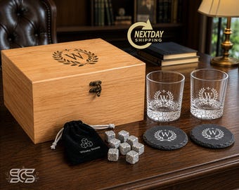 Personalized Whiskey Gift Box Set, Custom Engraved Bourbon Glasses & Coasters with Whiskey Stones , Wooden Box, Christmas Gift Idea