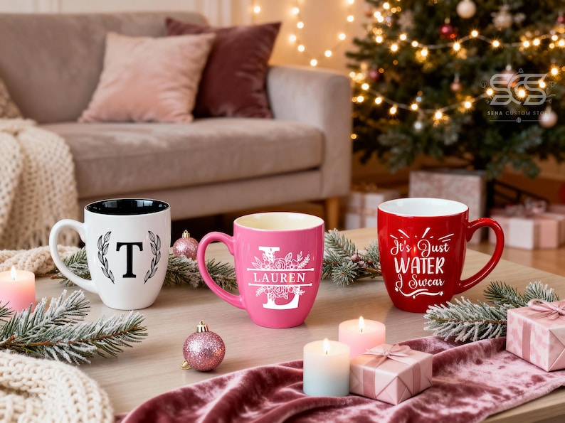 Pu&ograve; includere: Tre tazze in ceramica su un tavolo, perfette per i regali delle feste. Una &egrave; bianca con una "T" nera e un design a corona d'alloro, un'altra &egrave; rosa con una "L" floreale e il nome "Lauren", e la terza &egrave; rossa con la scritta "It's Just Water I Swear".