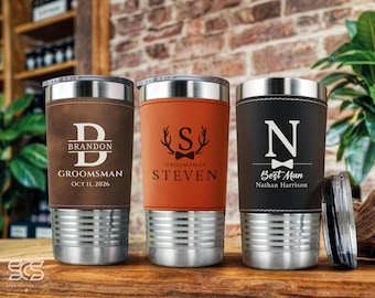 Personalized Groomsmen Leather Tumbler, Custom Laser Engraved Wedding Party Gift, Custom Logo 20oz Cup,  Best Man Father of Bride Gift