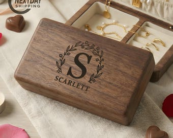 Personalized Wooden Jewelry Box with Velvet Interior, Engraved Walnut Jewelry Travel Case, Custom Jewelry Organizer, Walnut Ring Holder