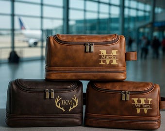 Personalized Leather Toiletry Bag: Engraved Dopp Kit, Custom Cosmetic Bag