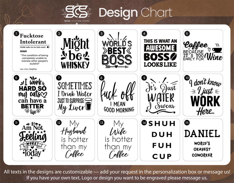 Pu&ograve; includere: Un grafico di design con vari disegni basati su testo per l'incisione. I disegni includono frasi come "Might be Whiskey", "World's Best Boss" e "I work hard so my cats can have a better life". Il grafico &egrave; su uno sfondo marrone.
