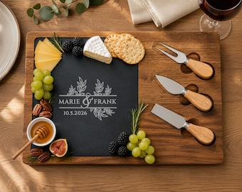 Engraved Acacia Slate Cheese Board Gift Set, Custom Wedding Housewarming Present, Personalized Charcuterie Board with Knives