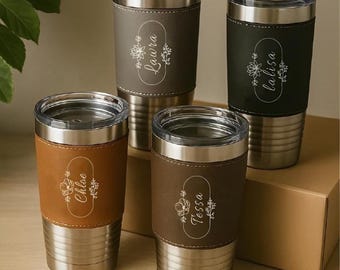 Personalized Birth Flower Leather Tumbler, Custom Bridesmaid Gift Cup, Custom Name Engraved Tumbler, 20oz Travel Mug