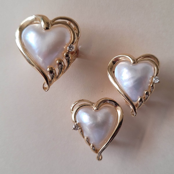 Vintage Heart Mabe Pearl Diamond Ring Earrings | 14k Gold | Jewelry Mom Gift Lady Gift RARE