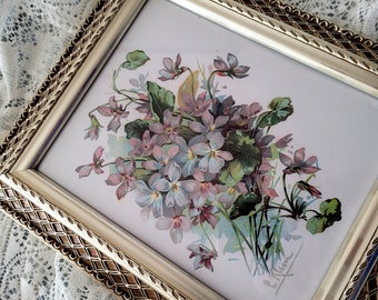 Vintage Violets Print | C Klein E2517 | Lattice Frame | Boudoir Art | Flower Floral Farmhouse White Home Shabby Cottage Decor Mom Gift