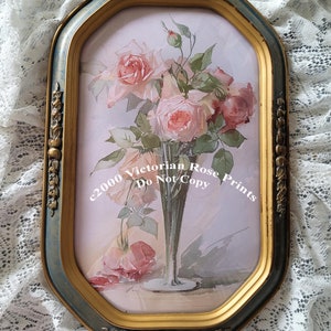 Vintage Roses Print Teana Mc Lennan E1564 | Antique Convex Glass Barbola Frame | Art Artwork Bedroom Boudoir Decor Farmhouse