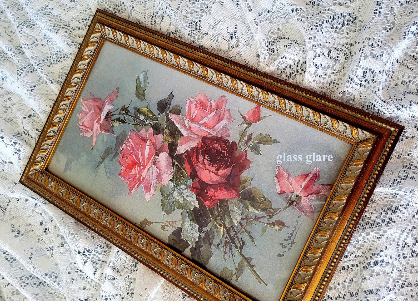 Pink Roses C Klein Print Gold Frame E2633 Vintage Frame Gold Leaf 1/2