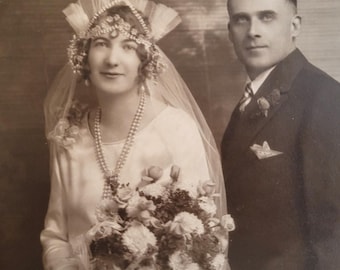 Bride Groom Antique Photograph Lg Wedding Fashion Portrait Sepia E3368