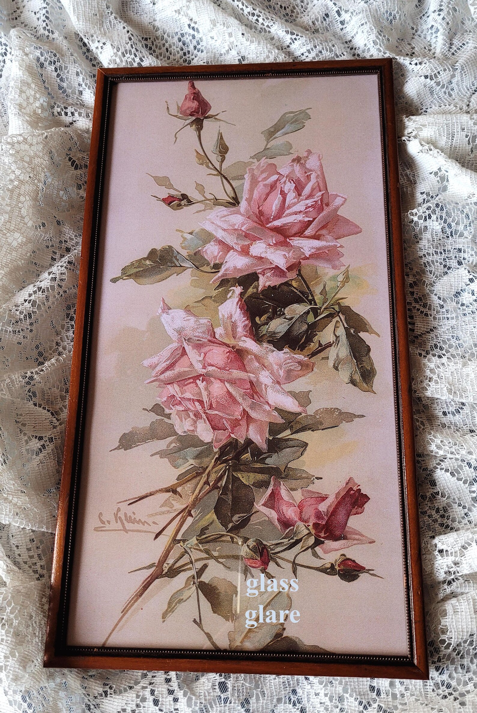 Pink Roses C Klein Print Gold Frame E2634 Antique Old Frame 1/2