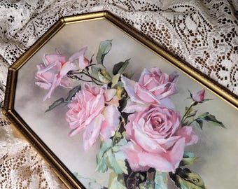 Roses Print by C Klein Art E3441 Fancy Old Vintage Octagon Frame