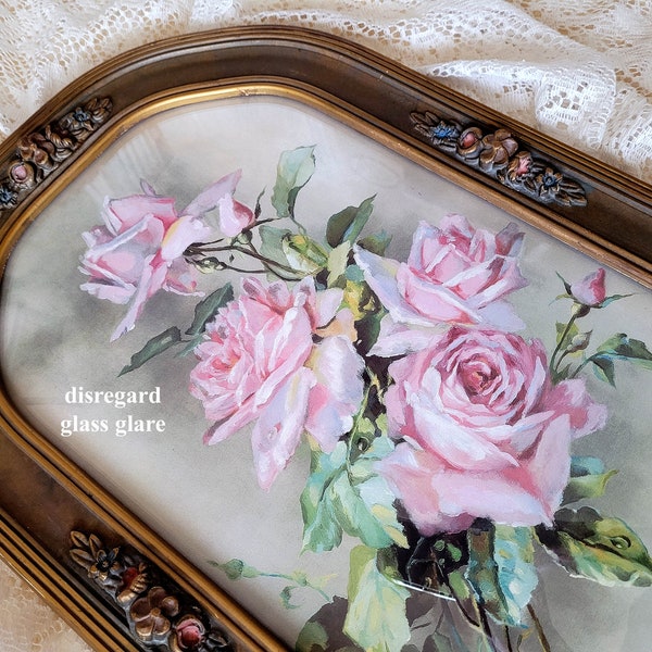 C Klein Pink Roses Print | Antique Barbola Frame E2890 | Convex Bubble Glass Flower | Garden Art Mom Gift Boudoir Farmhouse Cottage