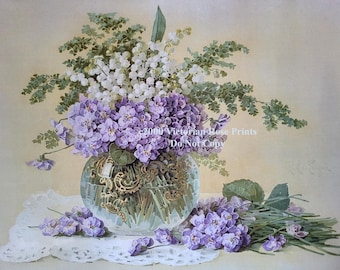 Vintage Violets Lily of the Valley Print Paul de Longpre E2727 | Flower Art Artwork | Farmhouse Chic Gift Mom White Home Cottage Decor