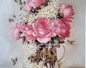 May include: A still-life painting of a bouquet of pink roses and white flowers in a decorative pitcher. The pitcher has a gold and black ornate design. Scattered rose petals are at the base of the pitcher. The text "©2000 Victorian Rose Prints Do Not Copy" is visible.