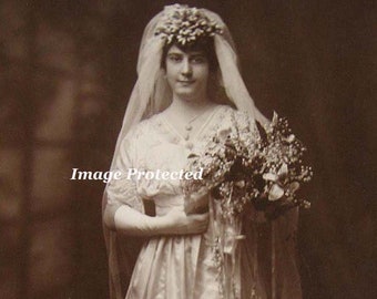 ANTIQUE Bride Photograph Lg Wedding Portrait | Sepia Lily Valley E12
