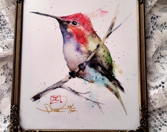 Hummingbird Painting Nest Watercolor Print Artist Signed Numbered E2629 | Bird Art Vintage Filigree Frame | Avian Garden Farmhouse