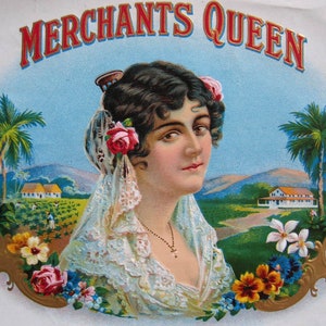 ANTIQUE Cigar Tobacco Label c1890s | Merchants Queen Lady Roses Gilt E516 | Kitchen Farmhouse Decor