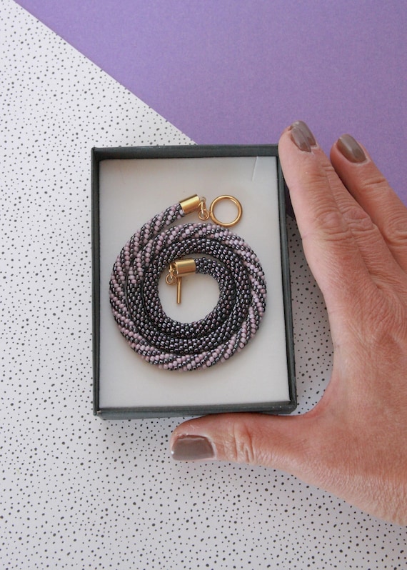 Handmade Beaded Crochet Necklace, Glass Beads, Slow Fashion, Unique Jewels / Purple