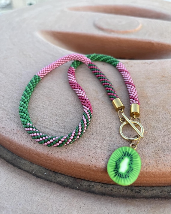 Handmade Beaded Crochet Necklace – Kiwi Summer Jewelry, Glass Beads