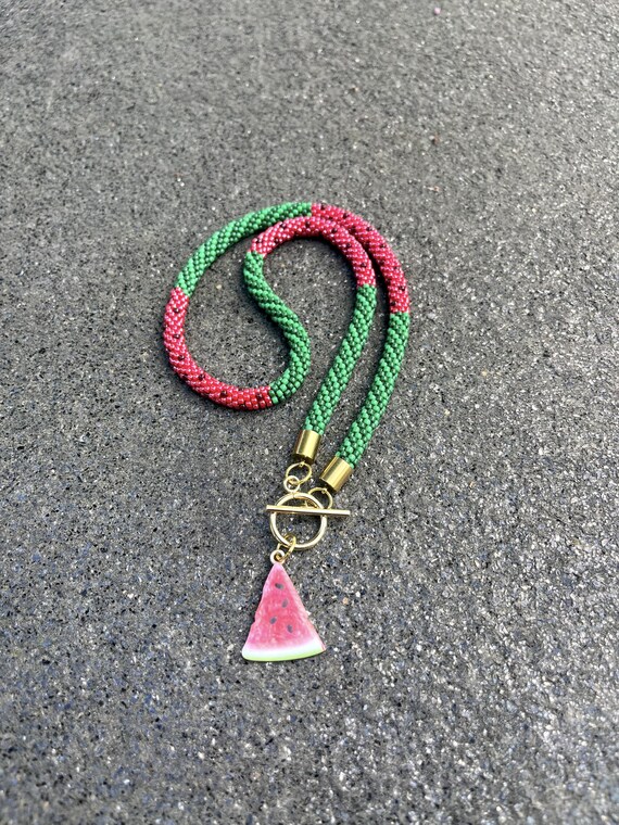 Handmade Beaded Crochet Necklace – Watermelon Jewelry, Glass Beads