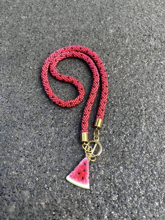 Handmade Beaded Crochet Necklace – Watermelon Jewelry, Glass Beads