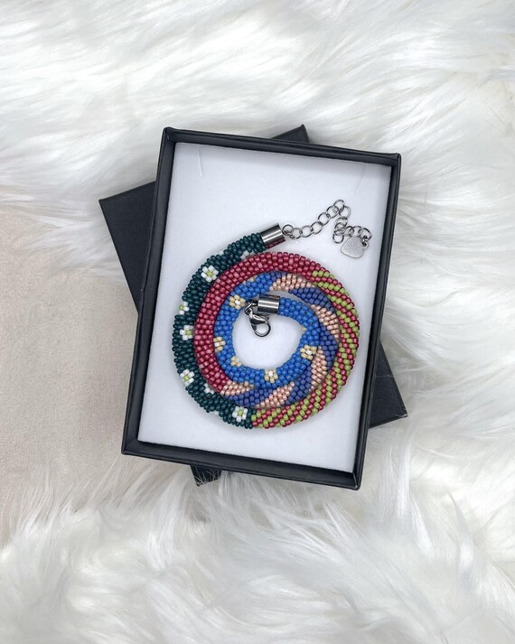 Handmade Beaded Crochet Necklace – Colorful Summer Jewelry, Glass Beads