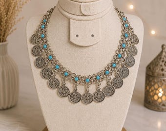 Moroccan Amazigh Coin Necklace, Boho Hand Crafted Wedding Jewelry
