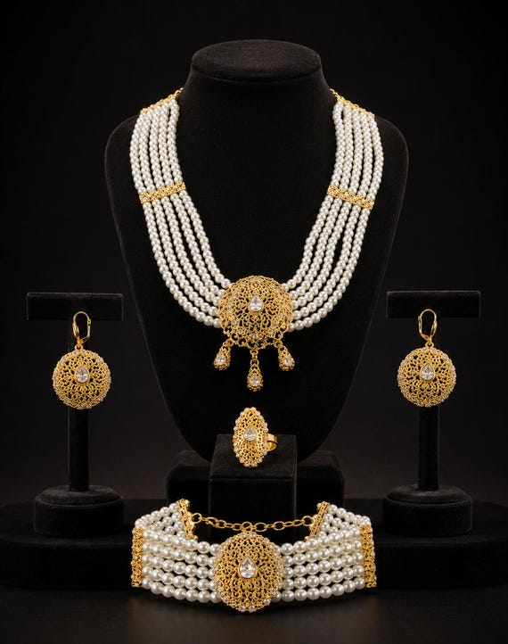 Traditional Moroccan Wedding Jewelry Set – Agate Bracelet, Earrings, Ring, Necklace – Gold-Plated Bridal Accessories