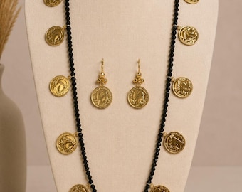 Moroccan Traditional Lwiza Earrings & Necklace Set – 12 Gold-Plated Coins | Vintage Amazigh Wedding Jewelry