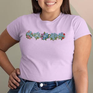 Forget-Me-Not. Pastel Floral Shirt. Flower Design Shirt. Botanical Graphic Jersey Short Sleeve Tee.