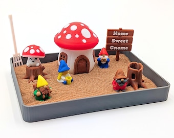 Gnome Zen Garden – Mushroom Cottage, Miniature Gnomes, Desktop Retreat