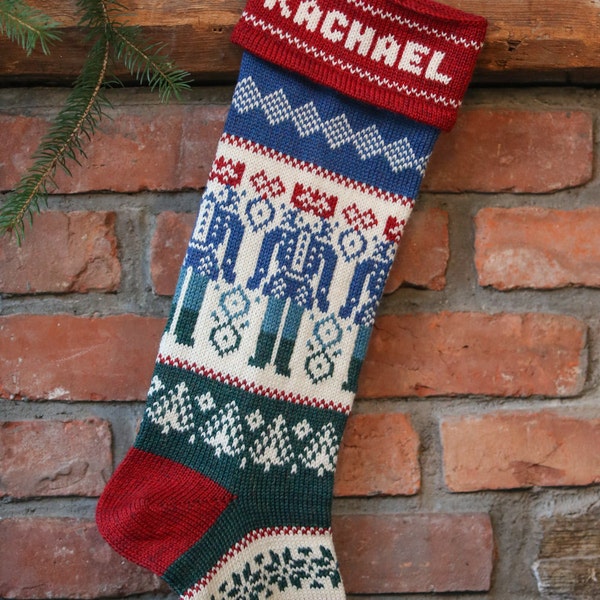 Nutcracker Christmas Stocking, personalized, knitted, with blue