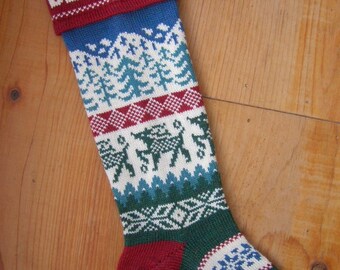 Personalized Knitted wool Christmas Stocking, Snowy Mountains with Deer Design