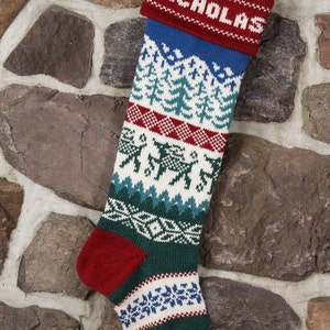 SNOWY MOUNTAINS with deer, Personalized Christmas Stocking