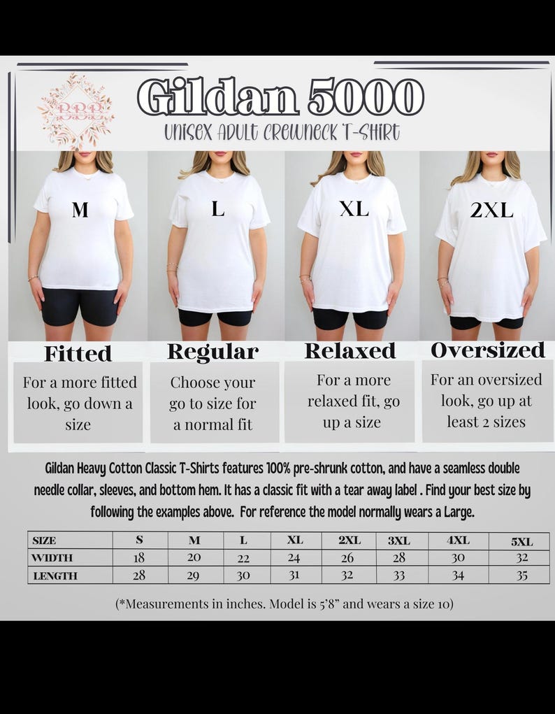 Pode incluir: Tabela de tamanhos para camiseta de gola redonda unissex para adultos Gildan 5000 com medidas em polegadas. A tabela mostra a largura e o comprimento da camiseta nos tamanhos S, M, L, XL, 2XL, 3XL, 4XL e 5XL. A tabela tamb&eacute;m inclui descri&ccedil;&otilde;es do ajuste para cada tamanho: Ajustado, Regular, Relaxado e Oversized.