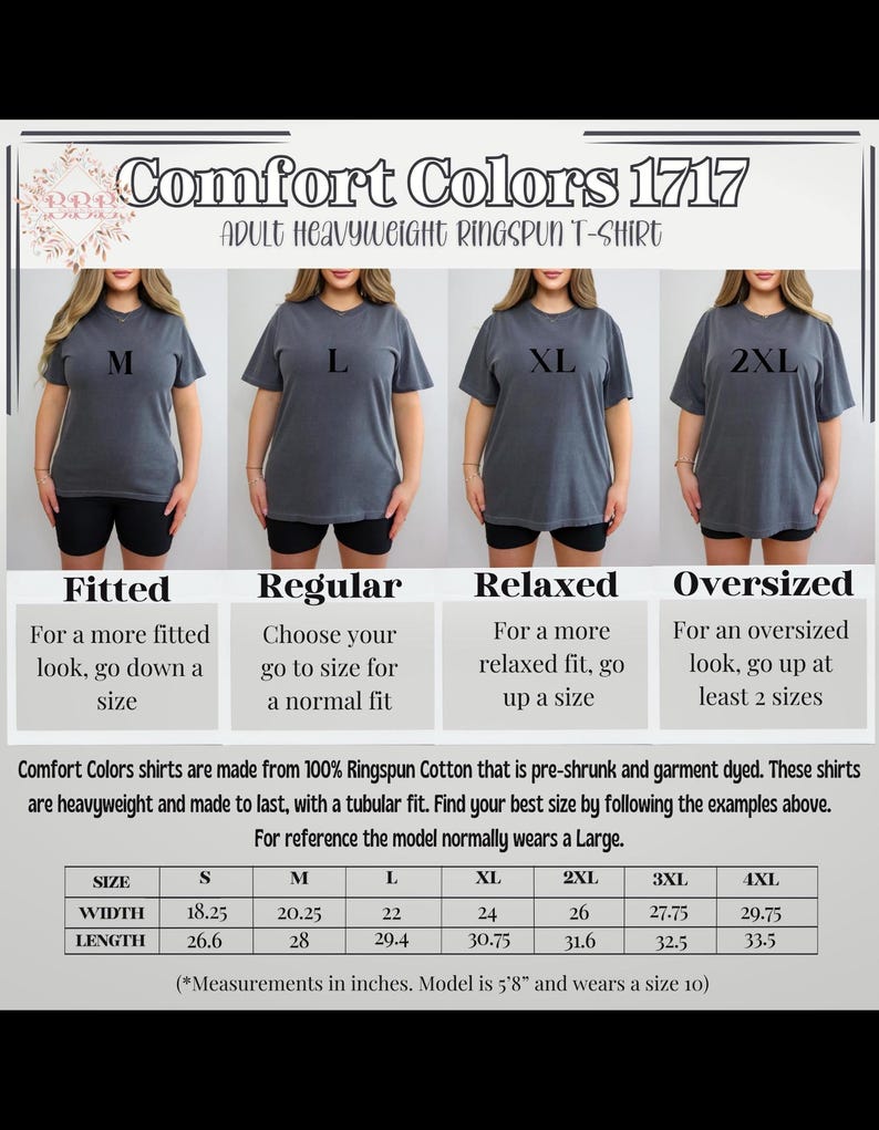 Może przedstawiać: Tabela rozmiar&oacute;w dla koszulek Comfort Colors 1717 dla dorosłych, wykonanych z ciężkiej przędzy ringspun. Tabela zawiera rozmiary od S do 4XL, z wymiarami w calach. Obraz przedstawia modele w koszulkach, ilustrując dopasowanie.