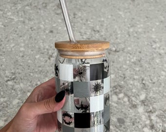 Vaso para beber Romantasy a cuadros, 16 oz, vaso para café Romantasy, vaso para café helado a cuadros