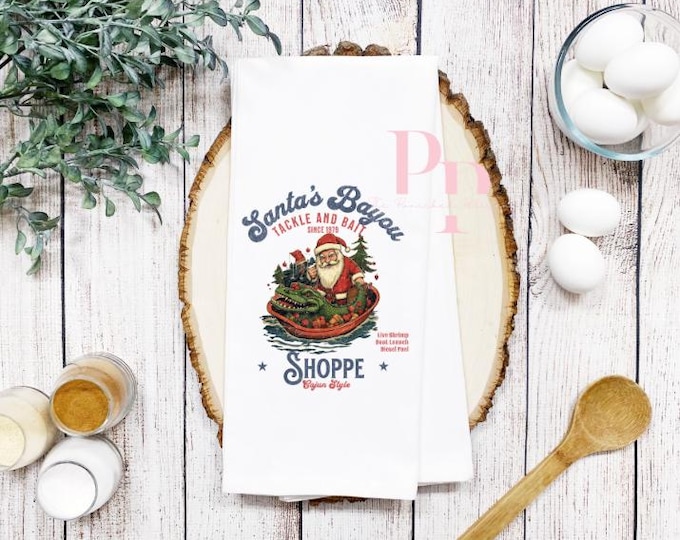 Santas tackle and bait shoppe christmas tea towel