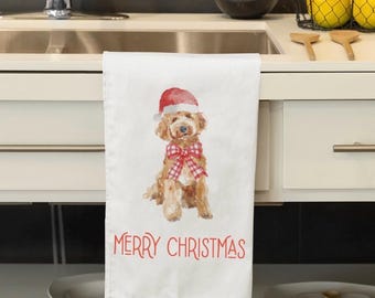 Merry Christmas Golden Doodle Tea towel