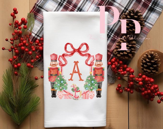 Red Christmas nutcracker Initial Tea towel