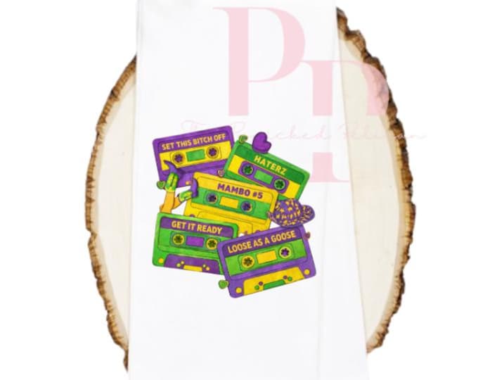 Mardi gras retro tapes tea towel