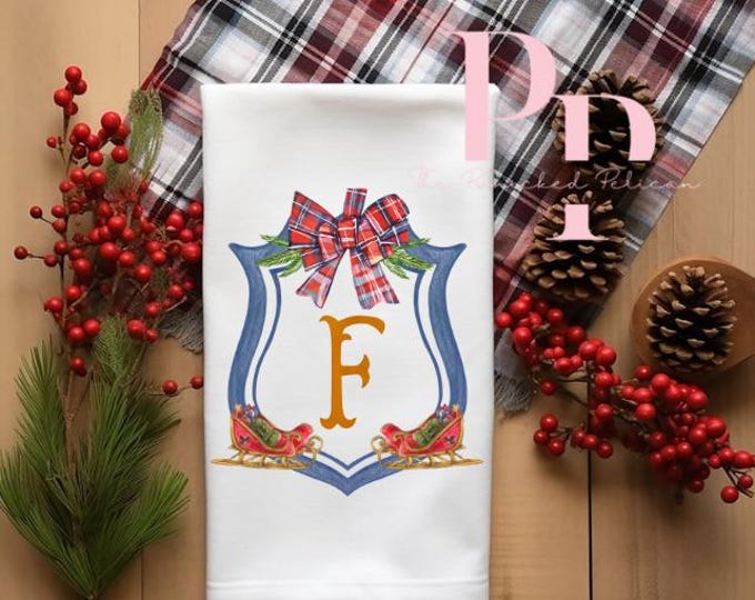 Navy Christmas crest initial with sleigh towel