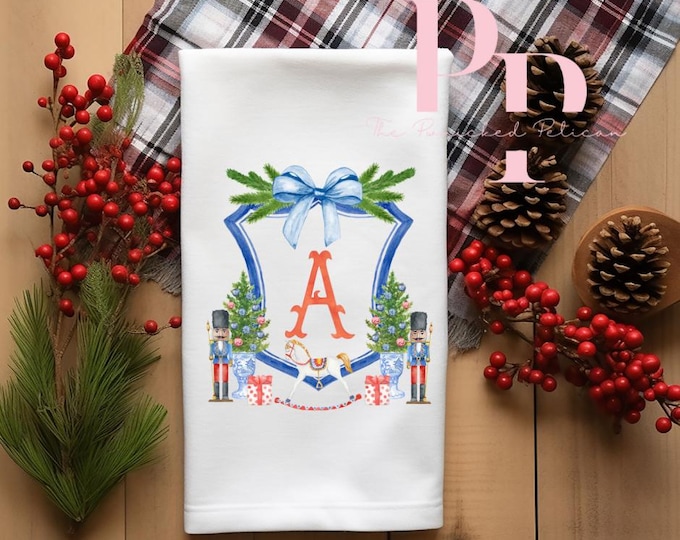 Blue Christmas crest tea towel with initial