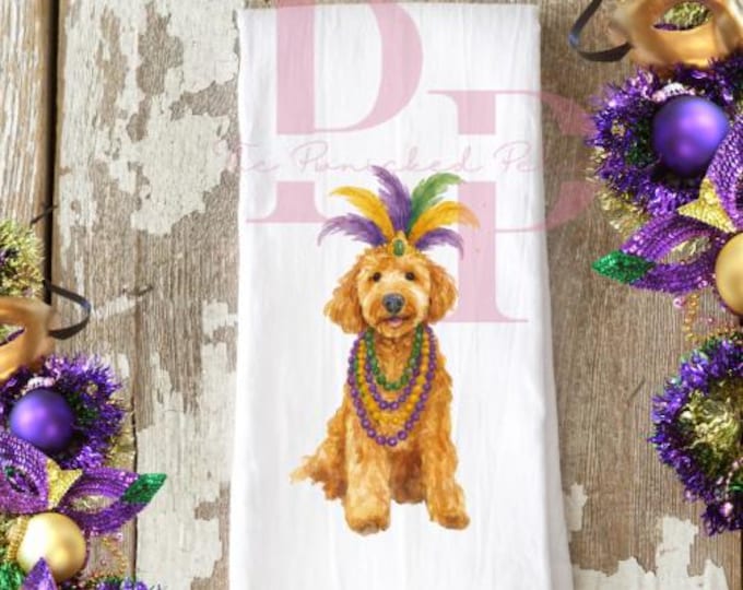 Mardi gras golden doodle decorative towel