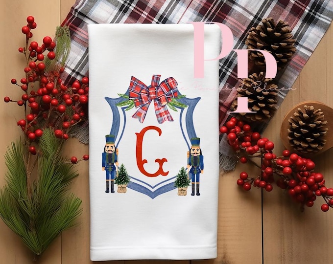 Navy Nutcracker Crest tea towel with initial