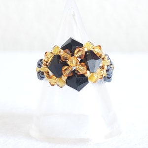 Swarovski Beaded Ring* Jet x Topaz / Sparkling Crystal Beads Jewelry / Beautiful Handcrafted Black & Orange Halloween Woven Ring / Gift Idea