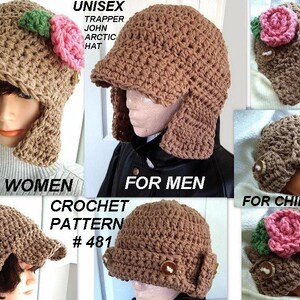 May include: Crochet pattern for a trapper hat, also known as a John Arctic hat. The pattern is available in sizes for women, men, and children. The hat is brown with a pink flower embellishment.
