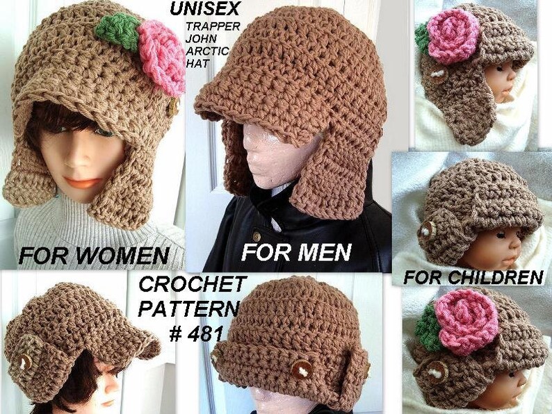 May include: Crochet pattern for a trapper hat, also known as a John Arctic hat. The pattern is available in sizes for women, men, and children. The hat is brown with a pink flower embellishment.
